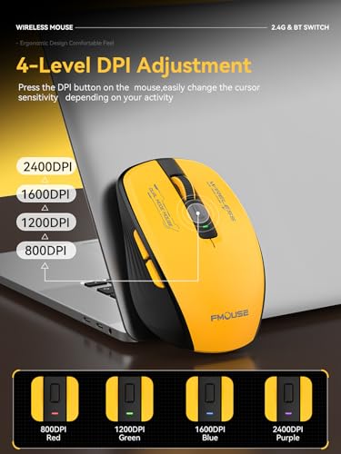 Wireless Mouse  Bluetooth & 2 4GHz USB  with Forward/Backward Side Keys  Silent Click  Ergonomic Portable AA Battery Mice for Laptop/Mac/iPad   Office & Travel Use  Yellow & Black