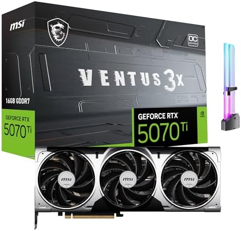 msi GeForce RTX 5070 Ti Ventus 3X OC Graphics Card  16GB GDDR7  1406 AI Tops  DLSS 4  AI Content Creation  LLM Inference  PCIe 5 0  256 bit  28 Gbps  DP 2 1b x3  HDMI 2 1b  with GPU Holder
